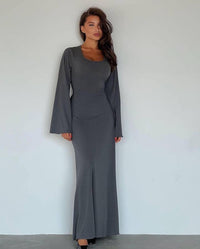 Esme | Ribbed Maxi Dress With Bell Sleeves And Lace Grey / S