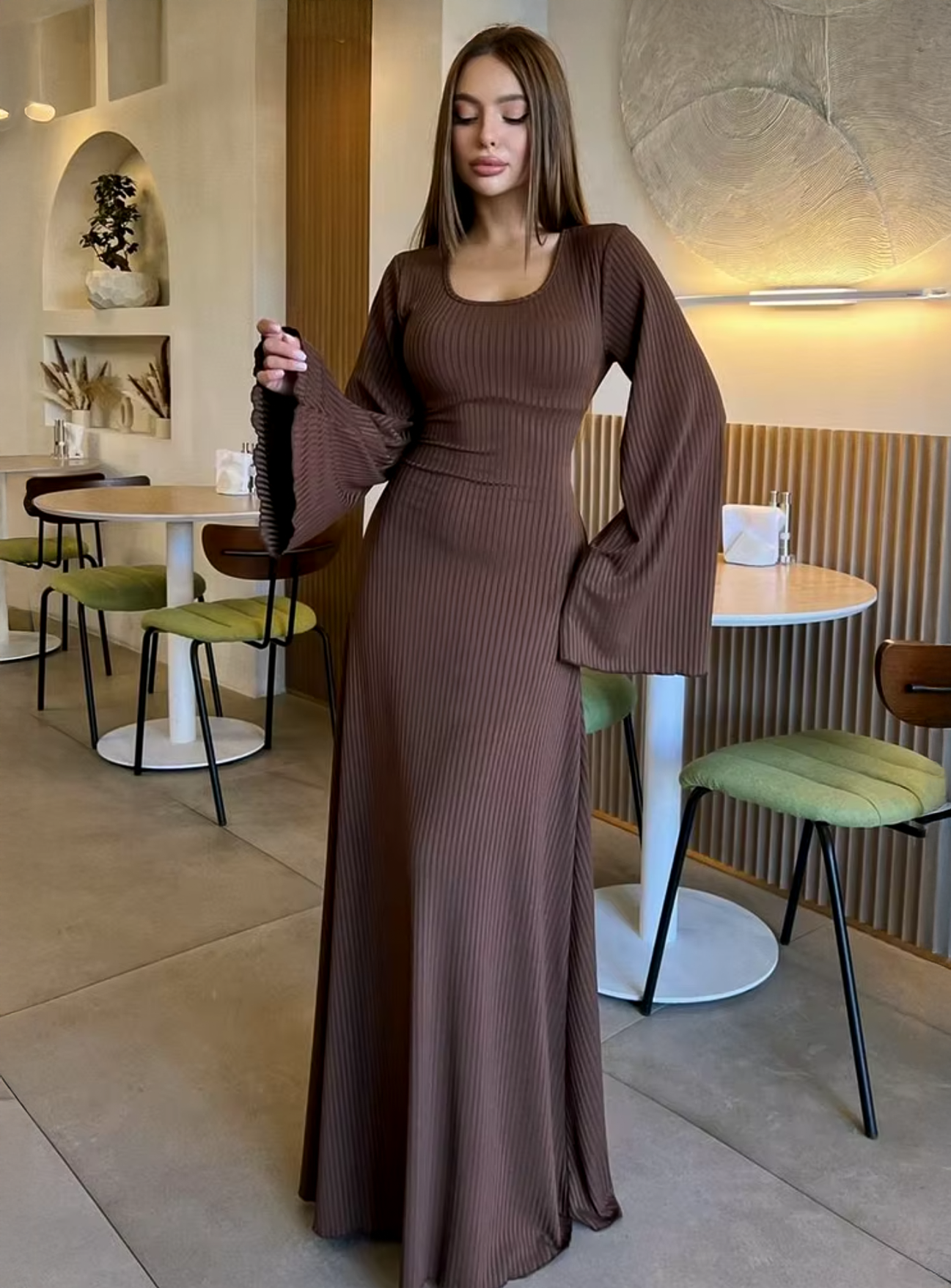 Esme | Ribbed Maxi Dress With Bell Sleeves And Lace Brown / S