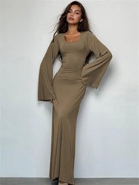 Esme | Ribbed Maxi Dress With Bell Sleeves And Lace Khaki / S